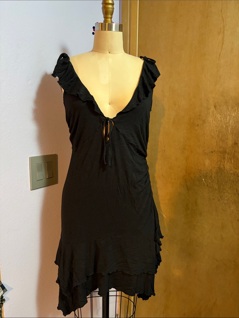 Black Asymmetrical Ruffle V-Neck Dress